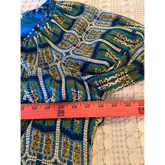 FIGUEROA & Flower Blouse Sz Large Boho Peasant Elastic Waist Blue Green Top - Picture 8 of 12